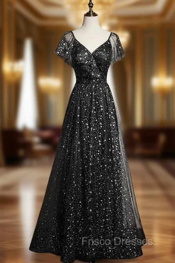 Black Tulle Sequins V-neck Formal Prom Dress Main image