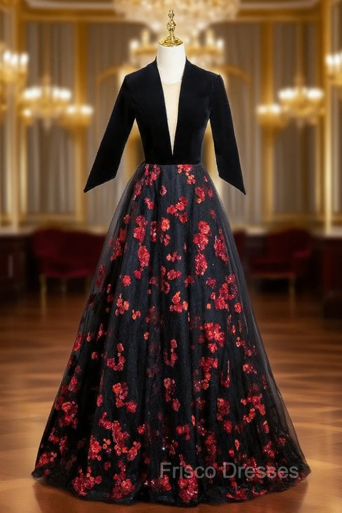 Black Tulle Sequins V-neck Short Sleeve Backless Formal Prom Dress Main image