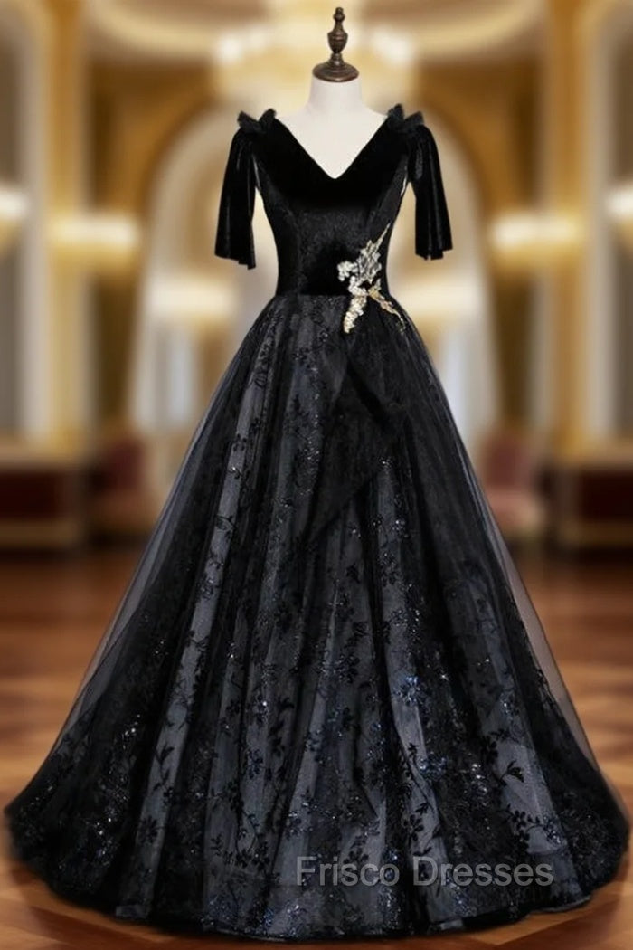 Black Tulle Sequins V-neck Short Sleeve Formal Prom Dress