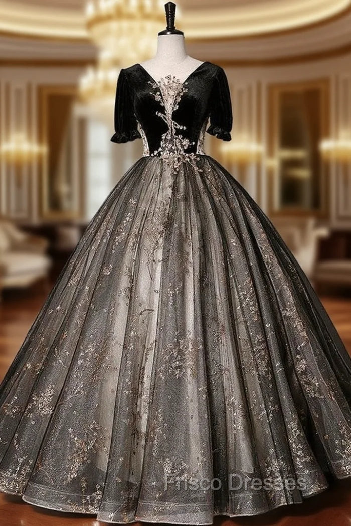 Black Tulle Sequins Velvet Quinceanera Dressline:floor length Neckline:scoop Fabric:tulle Shown Color:black Sleeve Style:short sleeve Back Style:lace up Embellishment:sequins Built-in Bra: yes Main image