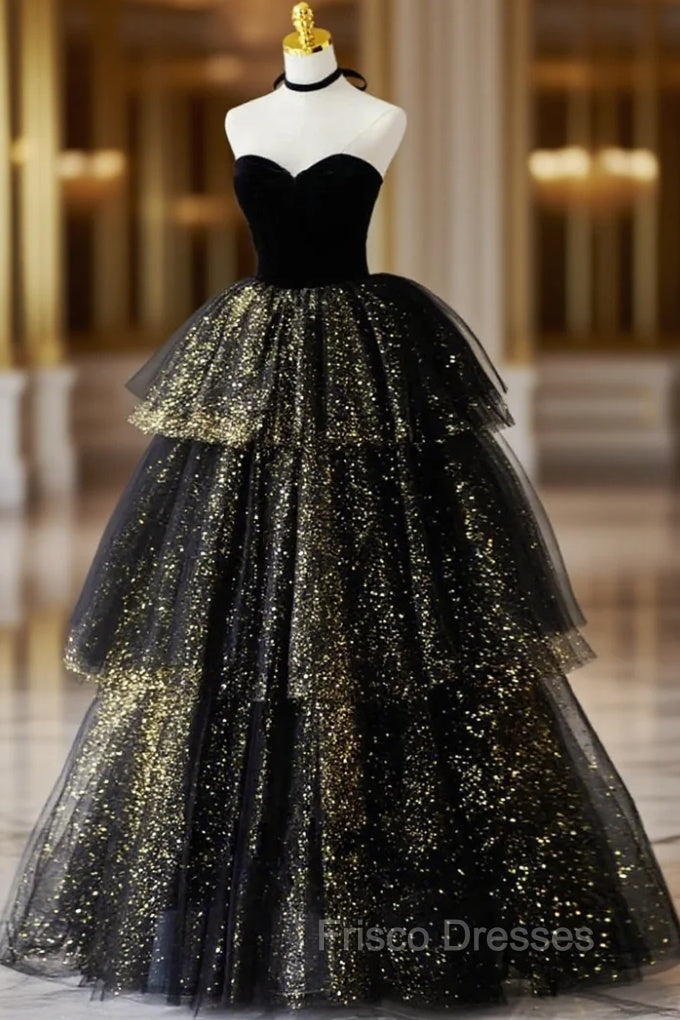 Black Tulle Sequins Velvet Sweetheart Formal Prom Dress