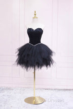 Black Tulle Short Formal Prom Dress with Feather, A-Line Sweetheart Neckline Party Dress