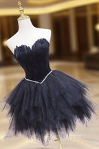 Black Tulle Short Formal Prom Dress with Feather, A-Line Sweetheart Neckline Party Dress