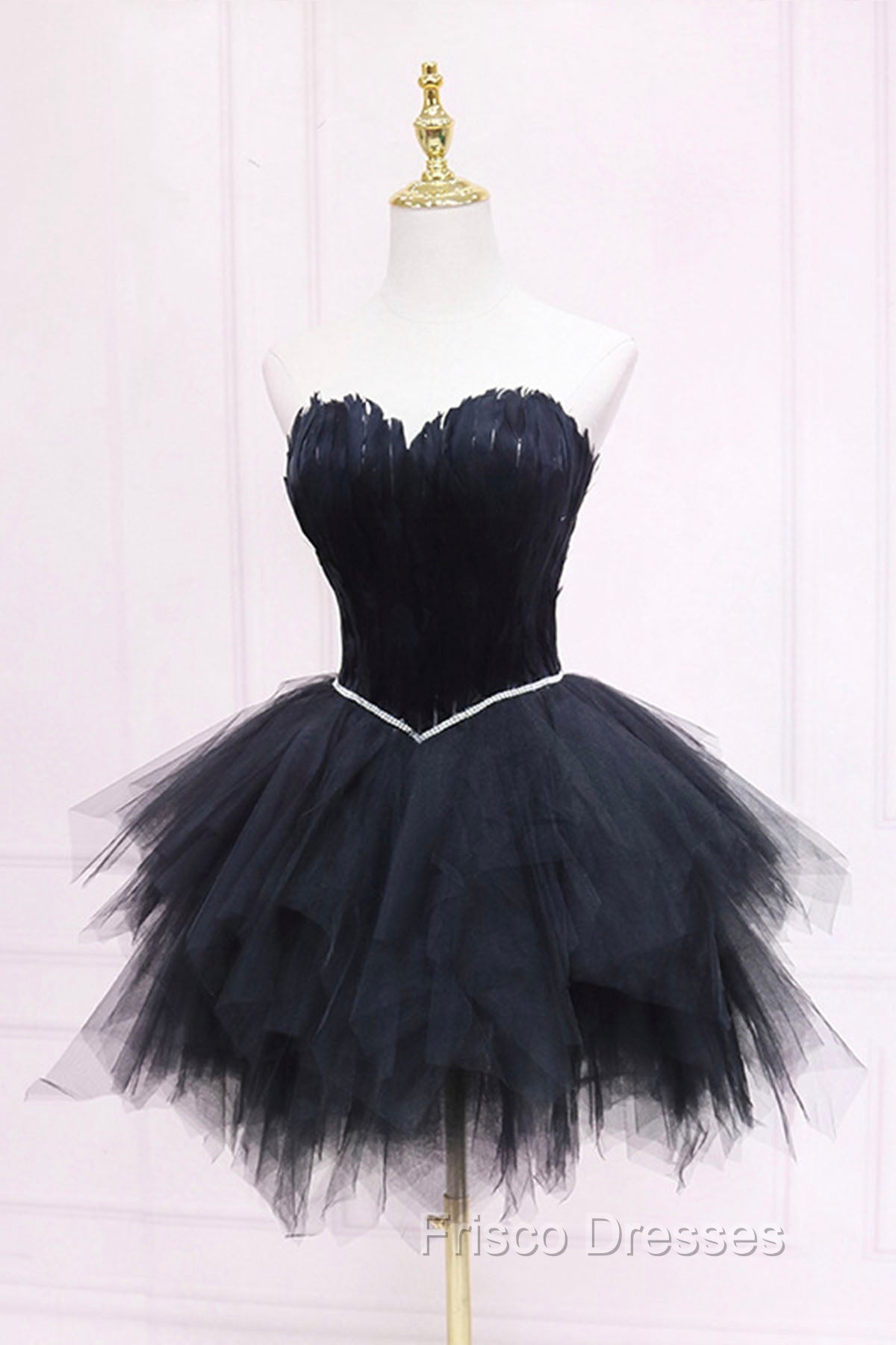 Black Tulle Short Formal Prom Dress with Feather, A-Line Sweetheart Neckline Party Dress