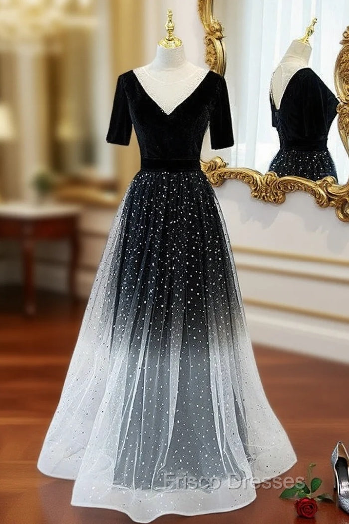 Black Tulle Short Sleeve Backless Formal Prom Dress Main image