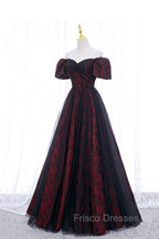 Black Tulle Short Sleeve Formal Evening Dress, Off the Shoulder Formal Prom Dress