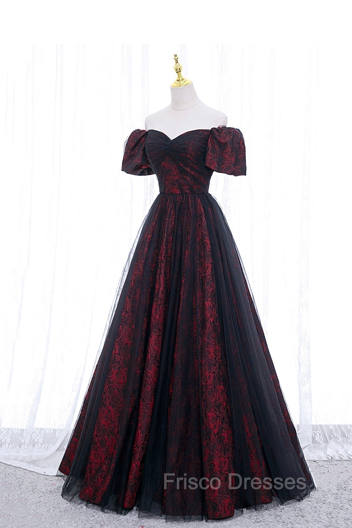 Black Tulle Short Sleeve Formal Evening Dress, Off the Shoulder Formal Prom Dress