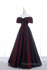 Black Tulle Short Sleeve Formal Evening Dress, Off the Shoulder Formal Prom Dress