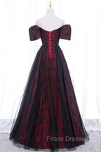 Black Tulle Short Sleeve Formal Evening Dress, Off the Shoulder Formal Prom Dress