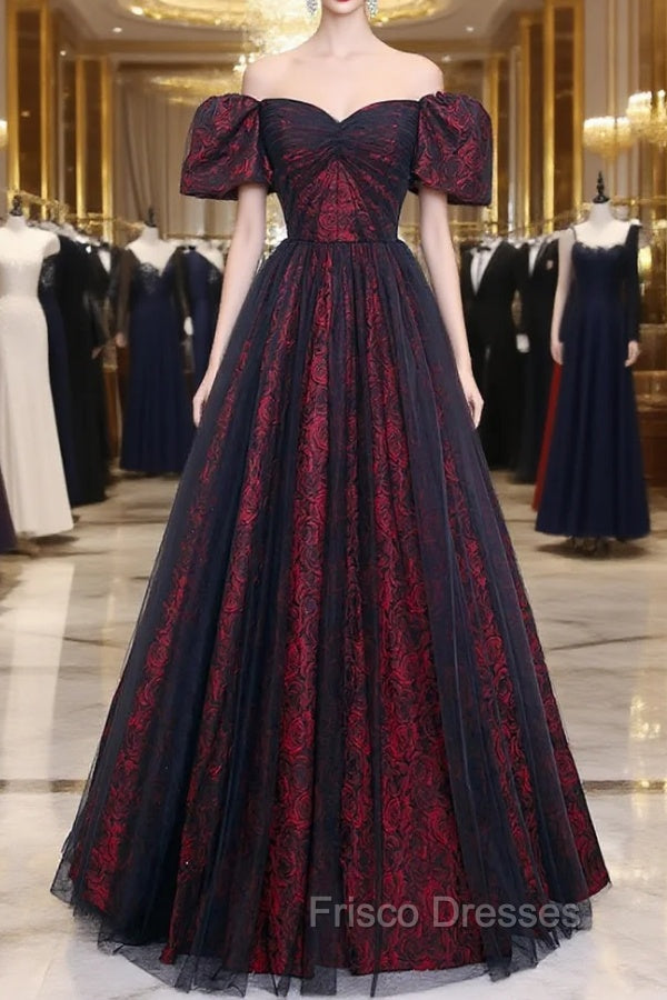 Black Tulle Short Sleeve Formal Evening Dress, Off the Shoulder Formal Prom Dress Main image