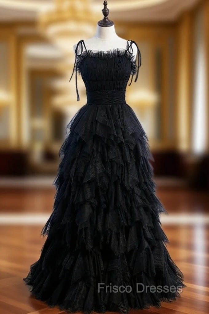 Black Tulle Spagehtti Straps Pleats Tiers Formal Prom Dress