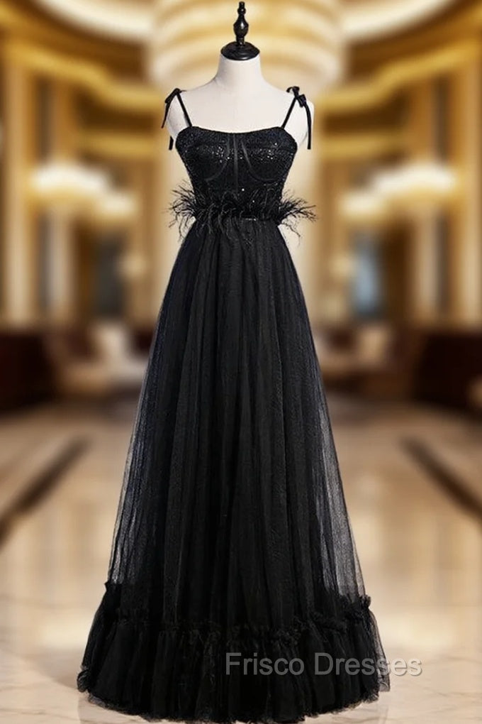 Black Tulle Spagehtti Straps Sequins Feather Formal Prom Dress Main image