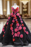 Black Tulle Spaghetti Straps 3D Appliques Formal Prom Dress