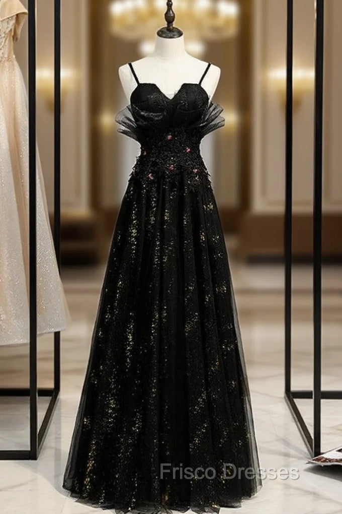 Black Tulle Spaghetti Straps Appliques Formal Prom Dress