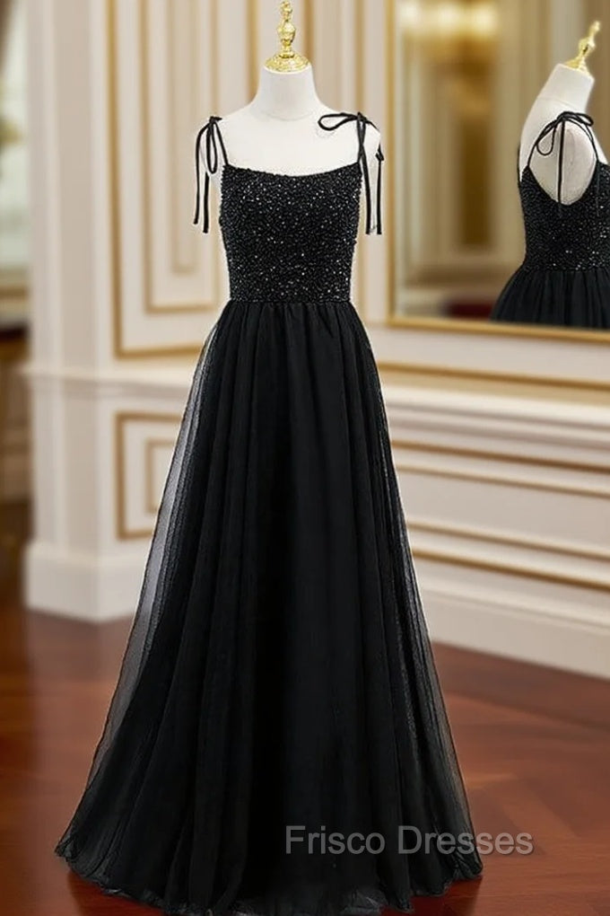 Black Tulle Spaghetti Straps Beading Formal Prom Dress Main image