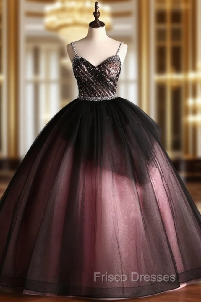 Black Tulle Spaghetti Straps Embroidery Beading Quinceanera Dress