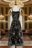 Black Tulle Spaghetti Straps Embroidery Tea Length Formal Prom Dress