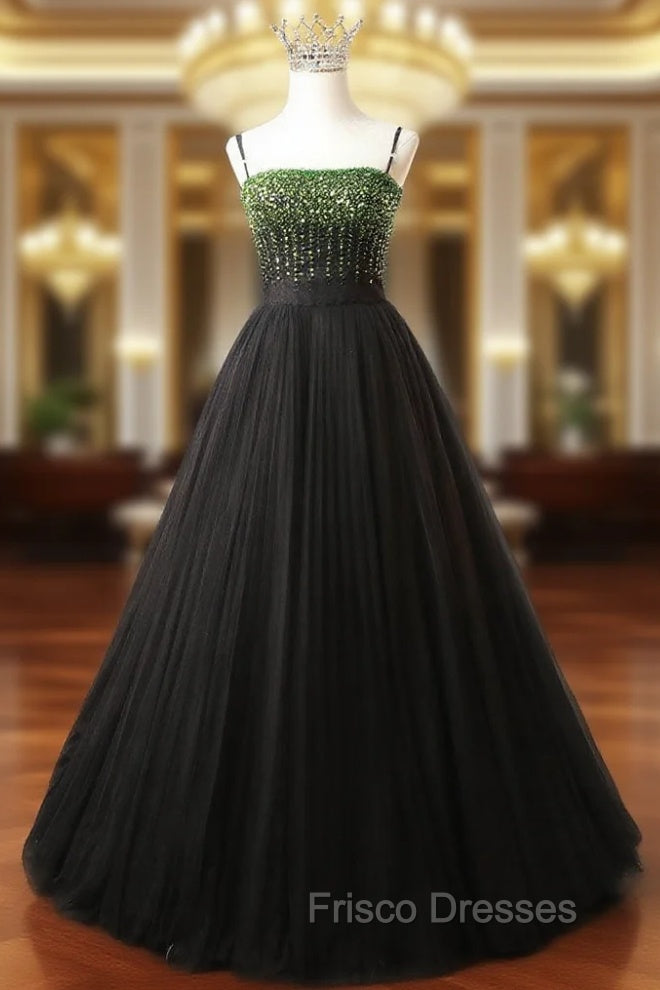 Black Tulle Spaghetti Straps Green Beading Formal Prom Dress Main image