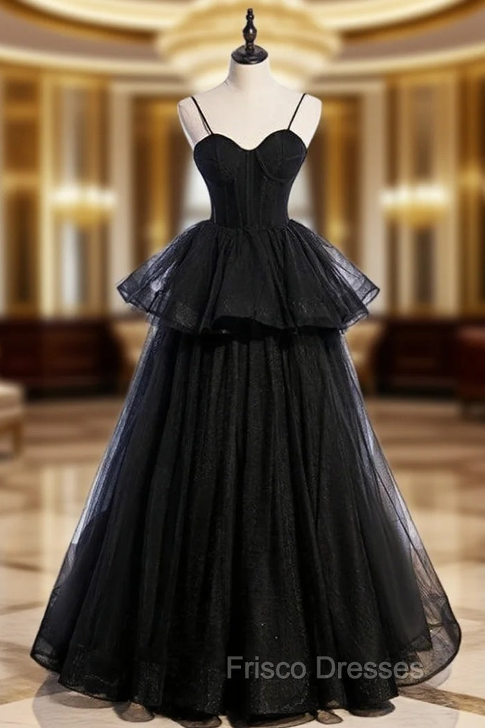 Black Tulle Spaghetti Straps Long Formal Prom Dress Main image