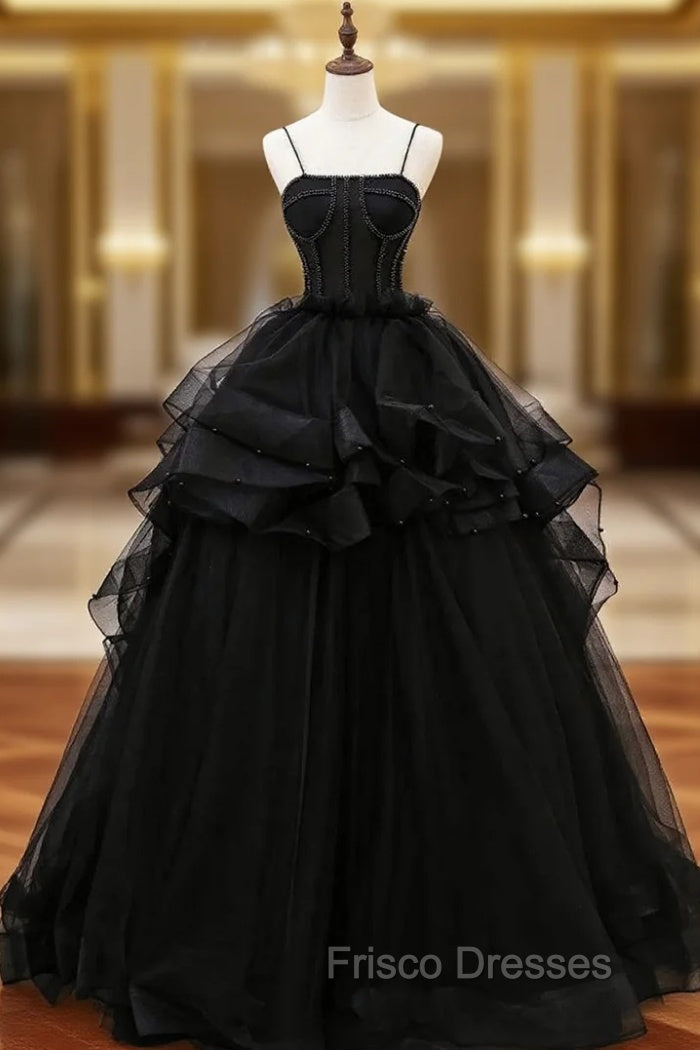 Black Tulle Spaghetti Straps Formal Prom Dress