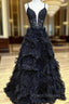 Black Tulle Spaghetti Straps Tiers Formal Prom Dress