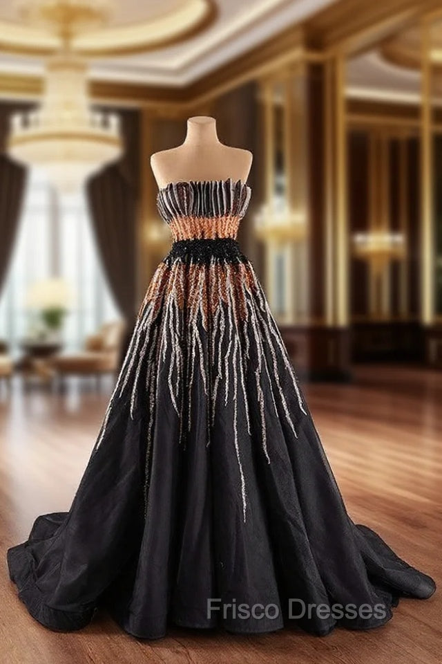 Black Tulle Strapless Pleats Beading Formal Prom Dress