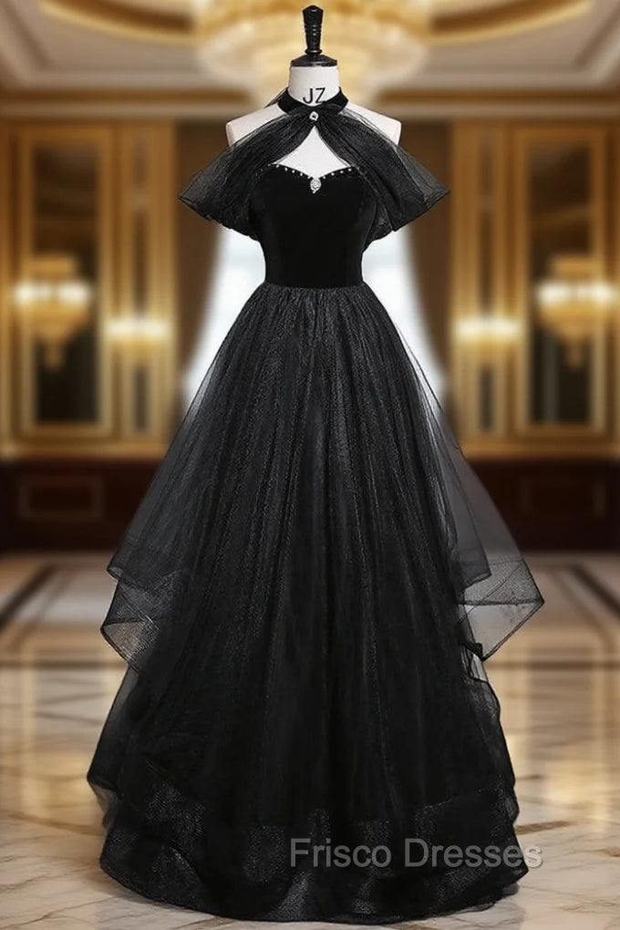 Black Tulle Strapless Formal Prom Dress Detachable Neck