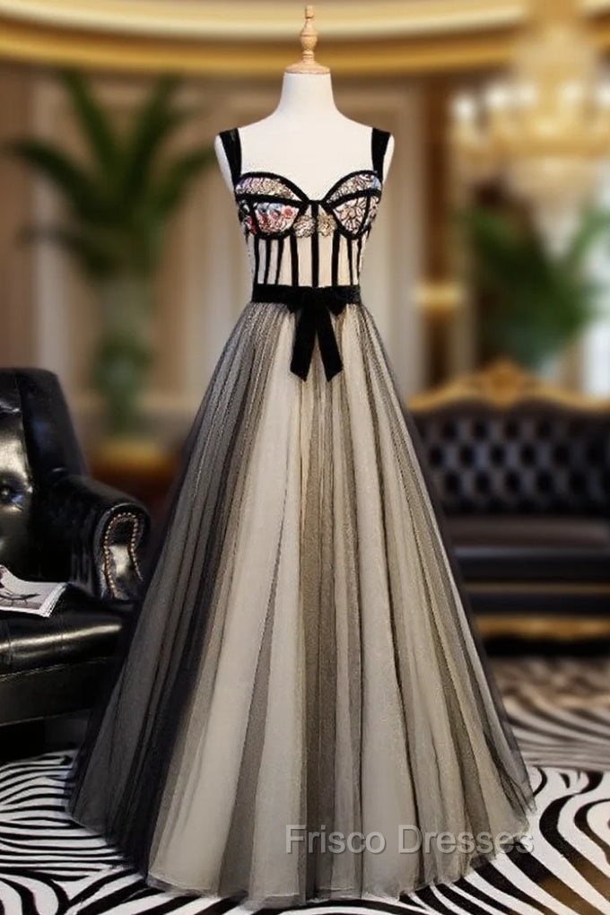 Black Tulle Straps Embroidery Sequins Formal Prom Dress