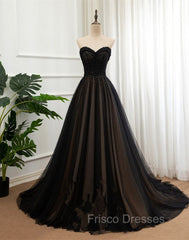 Black Tulle Sweetheart A-line Formal Dress with Lace, Black Long Formal Prom Dress
