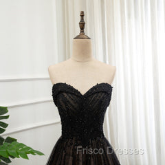 Black Tulle Sweetheart A-line Formal Dress with Lace, Black Long Formal Prom Dress