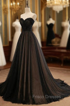 Black Tulle Sweetheart A-line Formal Dress with Lace, Black Long Formal Prom Dress