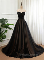 Black Tulle Sweetheart A-line Formal Dress with Lace, Black Long Formal Prom Dress