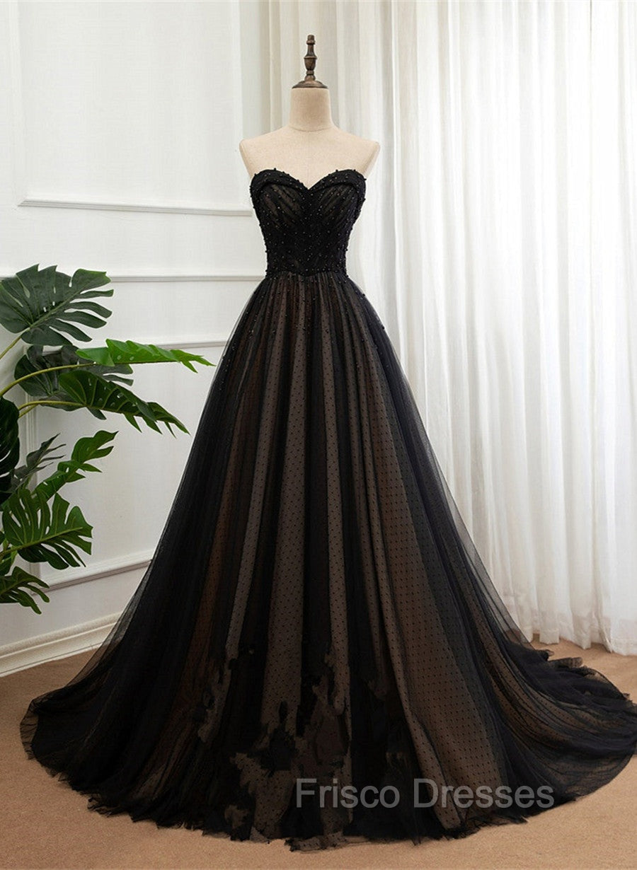 Black Tulle Sweetheart A-line Formal Dress with Lace, Black Long Formal Prom Dress