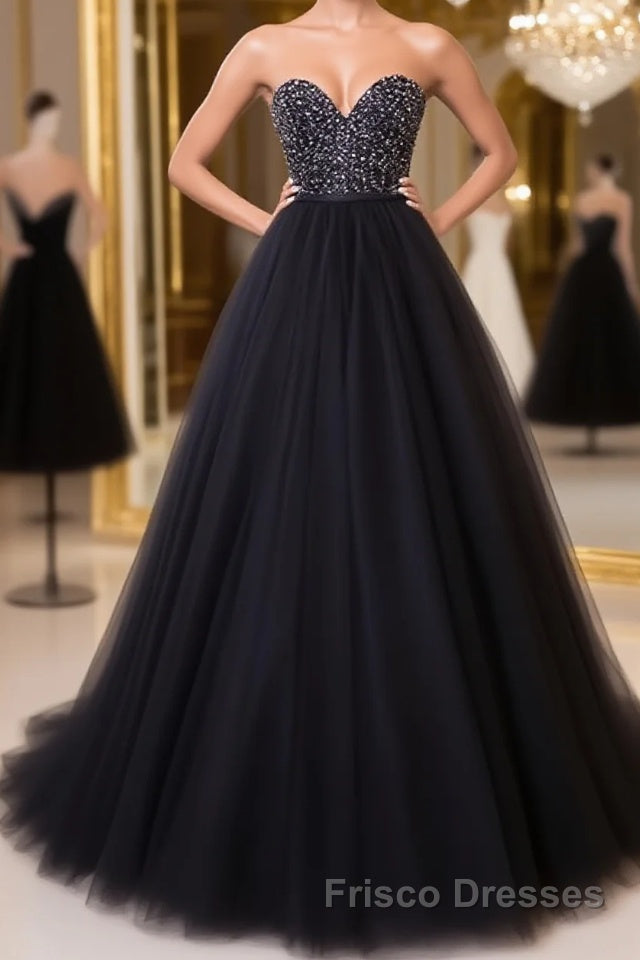Black tulle sweetheart neck long Formal Prom Dresses, black evening Dresses