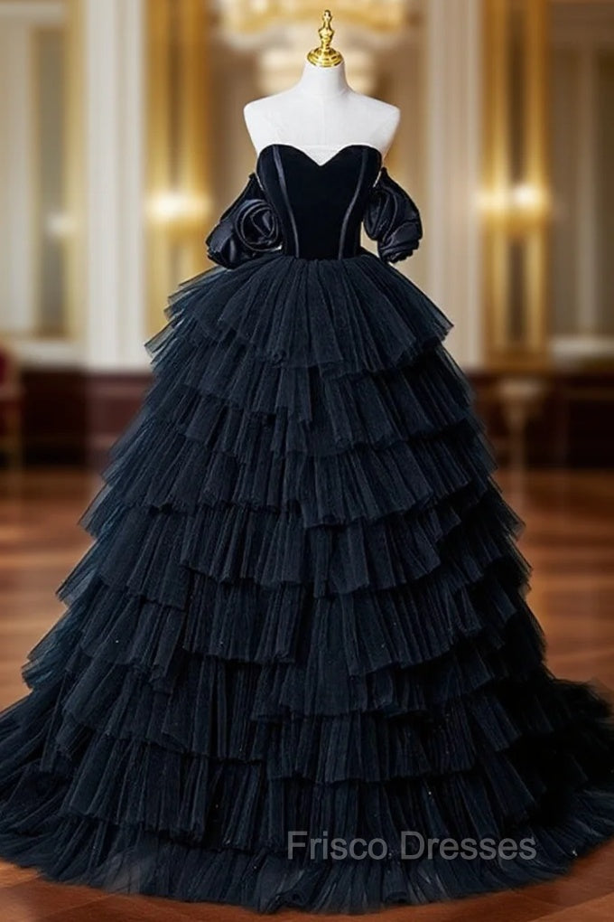 Black Tulle Tiers Sweetheart Formal Prom Dress