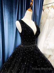 Black Tulle V-Neckline Beaded Long Evening Dress, Black Tulle Formal Dress