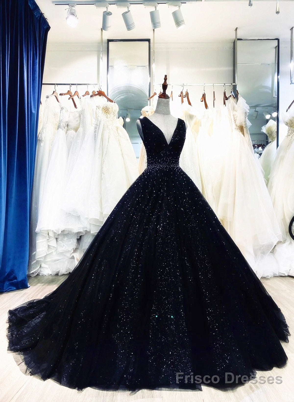 Black Tulle V-Neckline Beaded Long Evening Dress, Black Tulle Formal Dress Main image