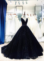 Black Tulle V-Neckline Beaded Long Evening Dress, Black Tulle Formal Dress
