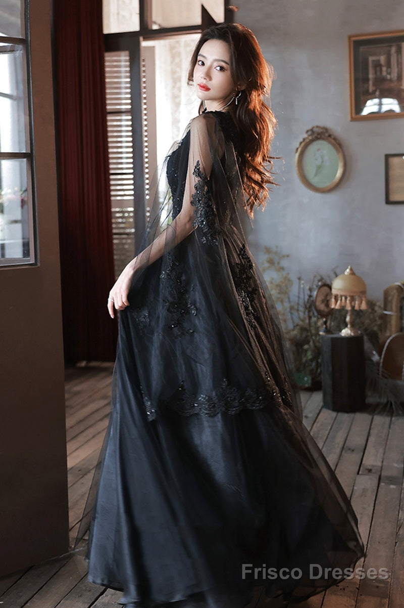 Black Tulle V-Neckline Party Dress With Lace Applique, Black A-Line Prom Dress Secondary image