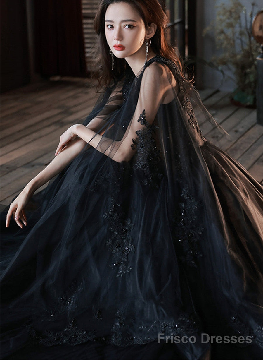 Black Tulle V-Neckline Party Dress With Lace Applique, Black A-Line Prom Dress Main image