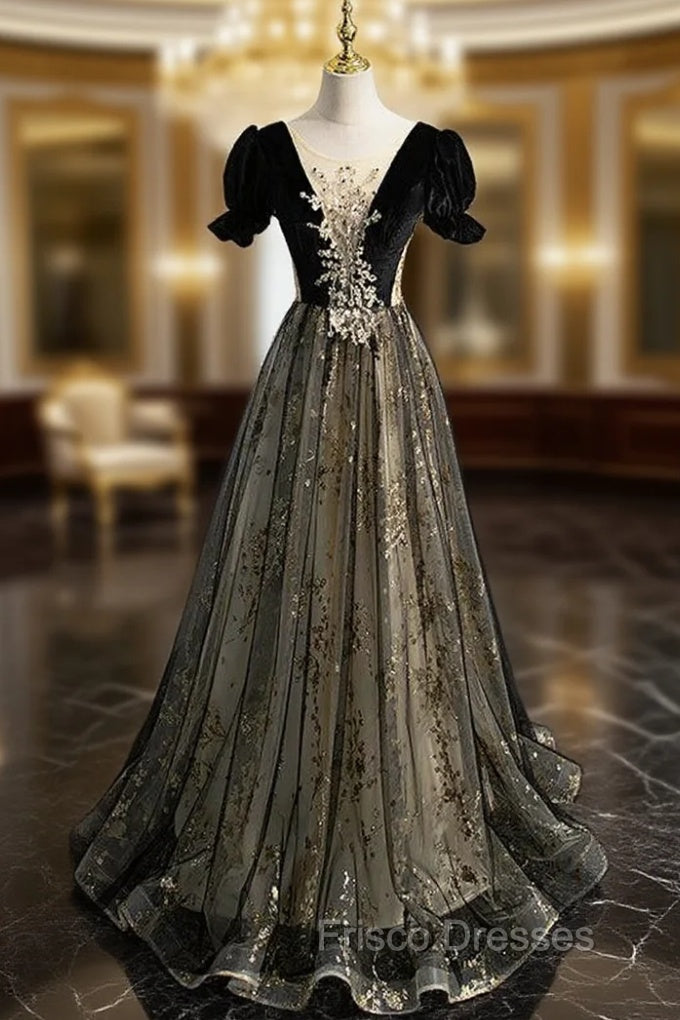 Black Tulle Velvet Backless Short Sleeve Formal Prom Dress