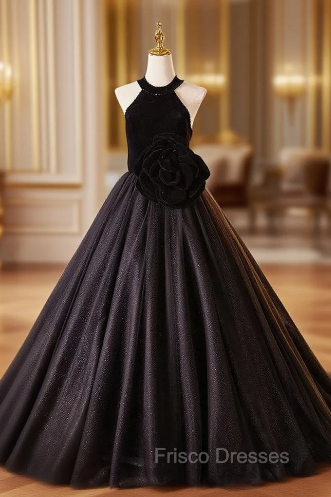 Black Tulle Velvet Halter Flower Formal Prom Dress