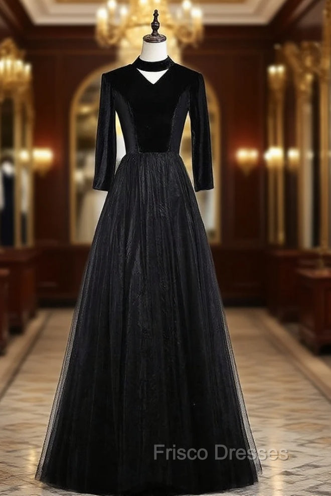 Black Tulle Velvet High Neck Long Sleeve Formal Prom Dress Main image