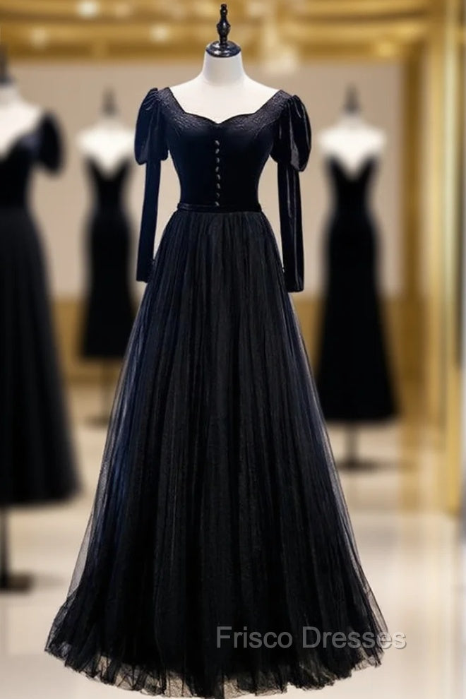 Black Tulle Velvet Long Sleeve Square Formal Prom Dress Main image