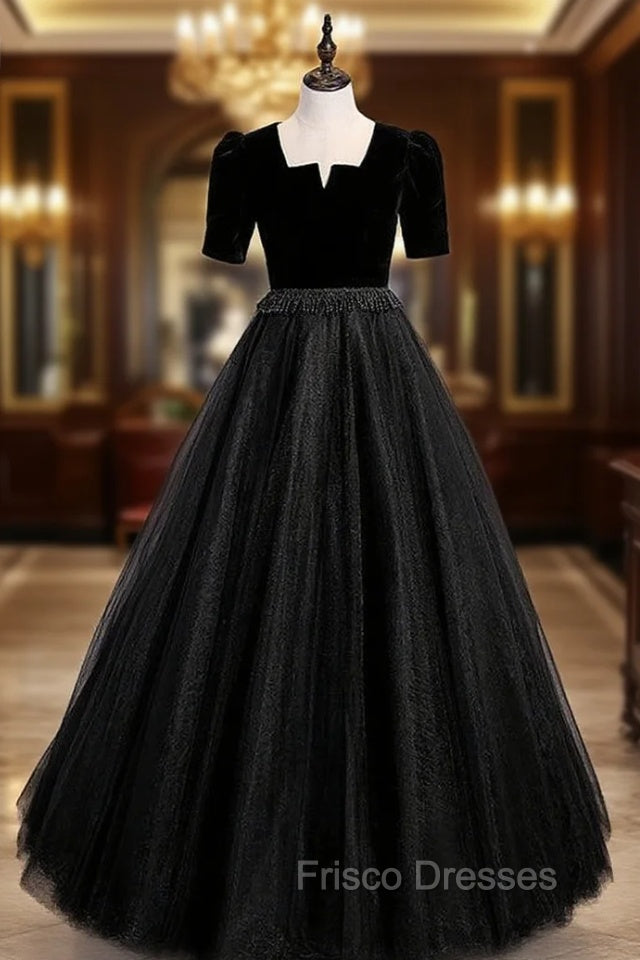 Black Tulle Velvet Short Sleeve Beading Formal Prom Dress Main image