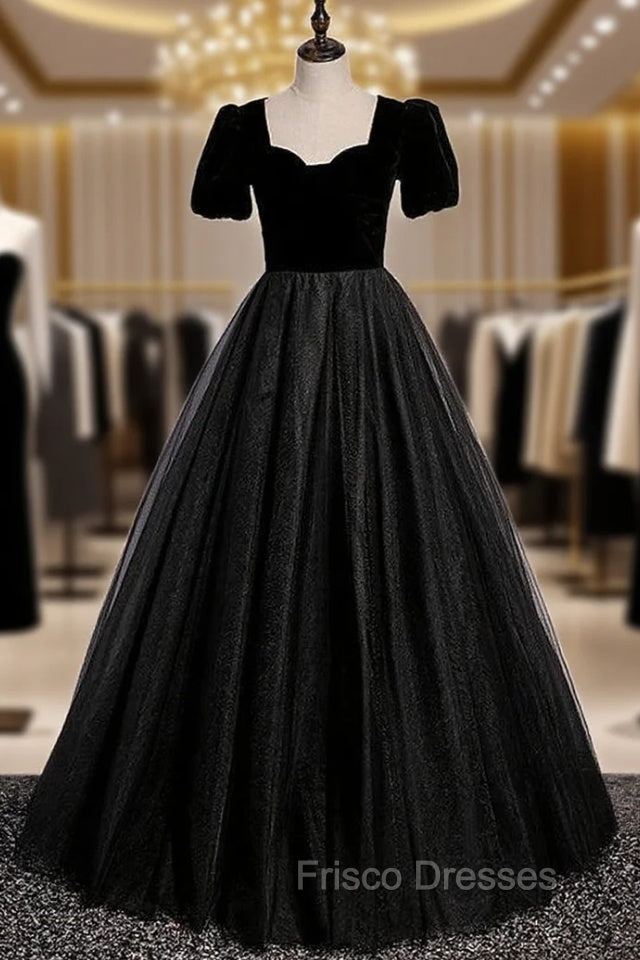 Black Tulle Velvet Short Sleeve Formal Prom Dress