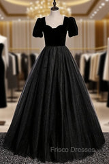 Black Tulle Velvet Short Sleeve Formal Prom Dress