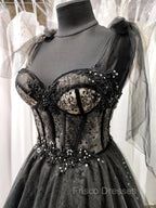Black Tulle with Lace Straps Long Formal Dress, Black Long Evening Dress Formal Prom Dress