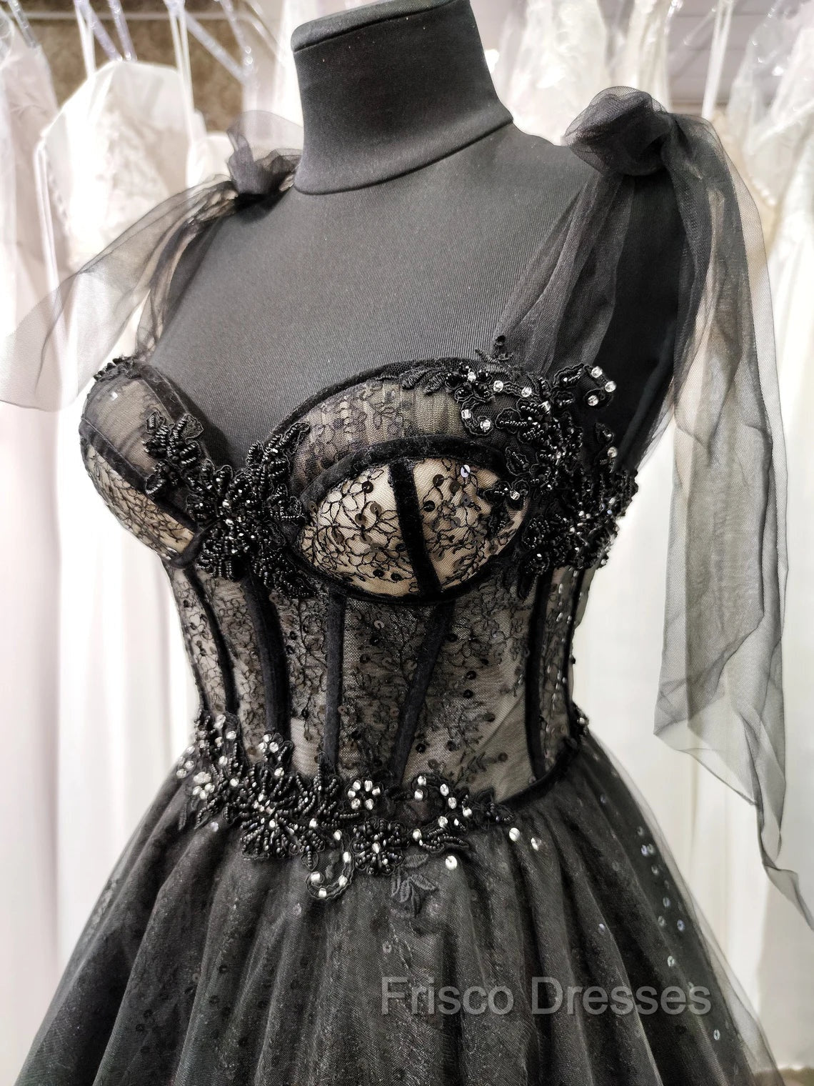Black Tulle with Lace Straps Long Formal Dress, Black Long Evening Dress Formal Prom Dress