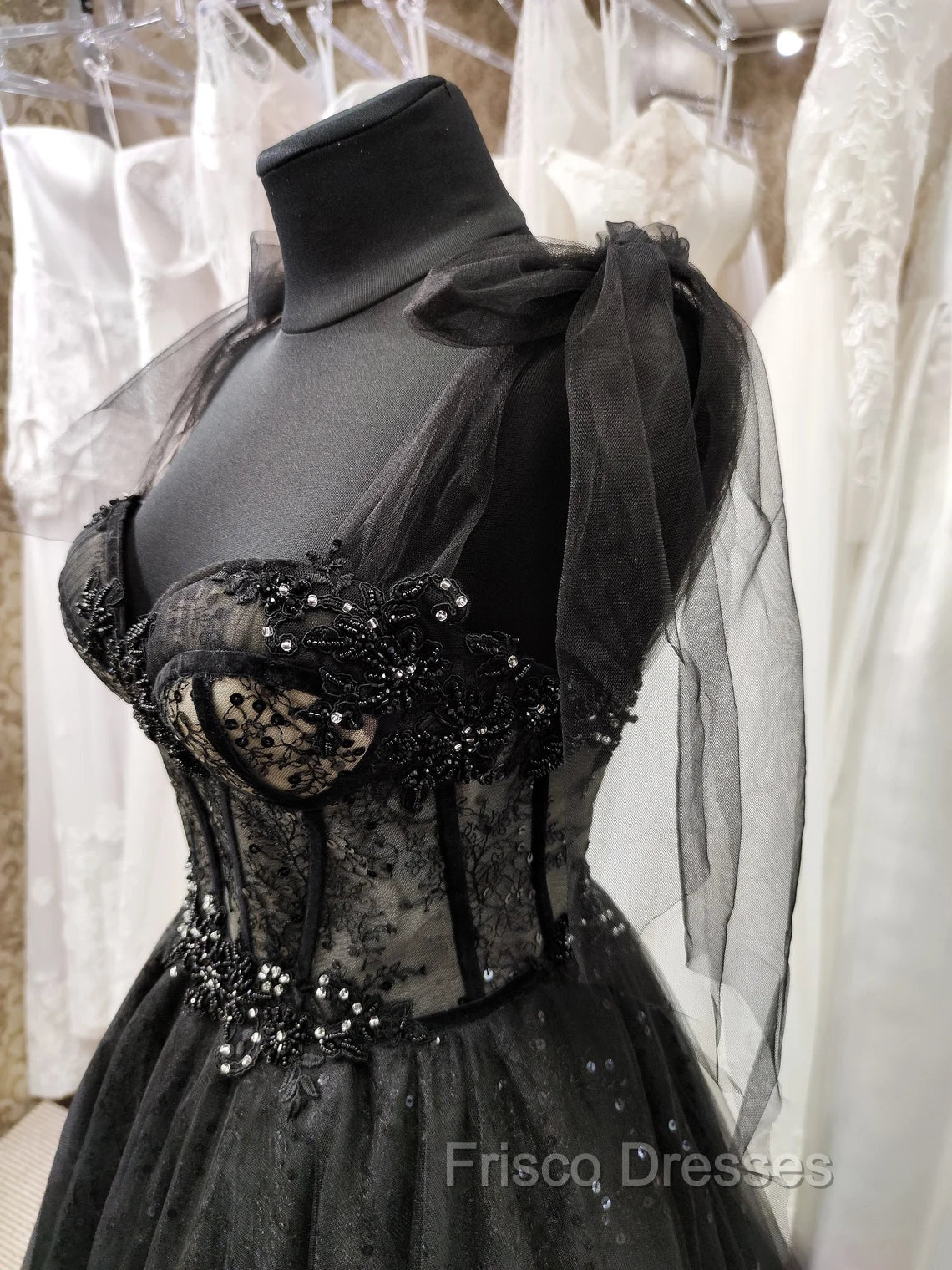 Black Tulle with Lace Straps Long Formal Dress, Black Long Evening Dress Formal Prom Dress
